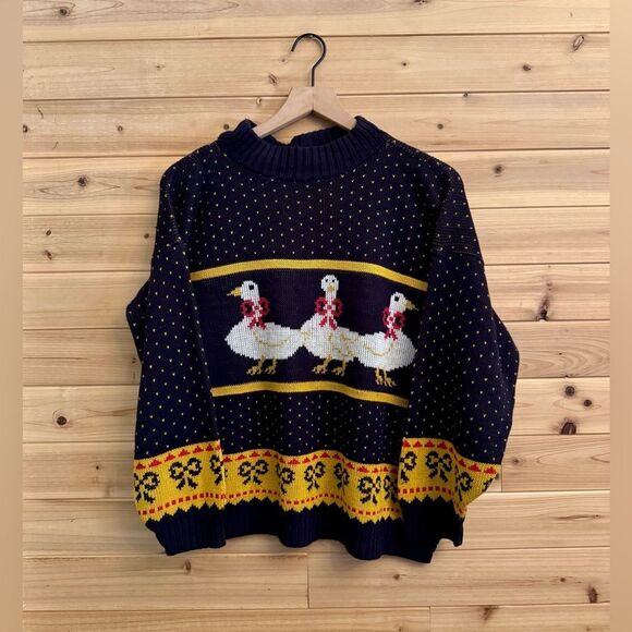 Vintage White Duck Themed Crewneck Sweater Size Medium Novelty Print Bow - Picture 1 of 13